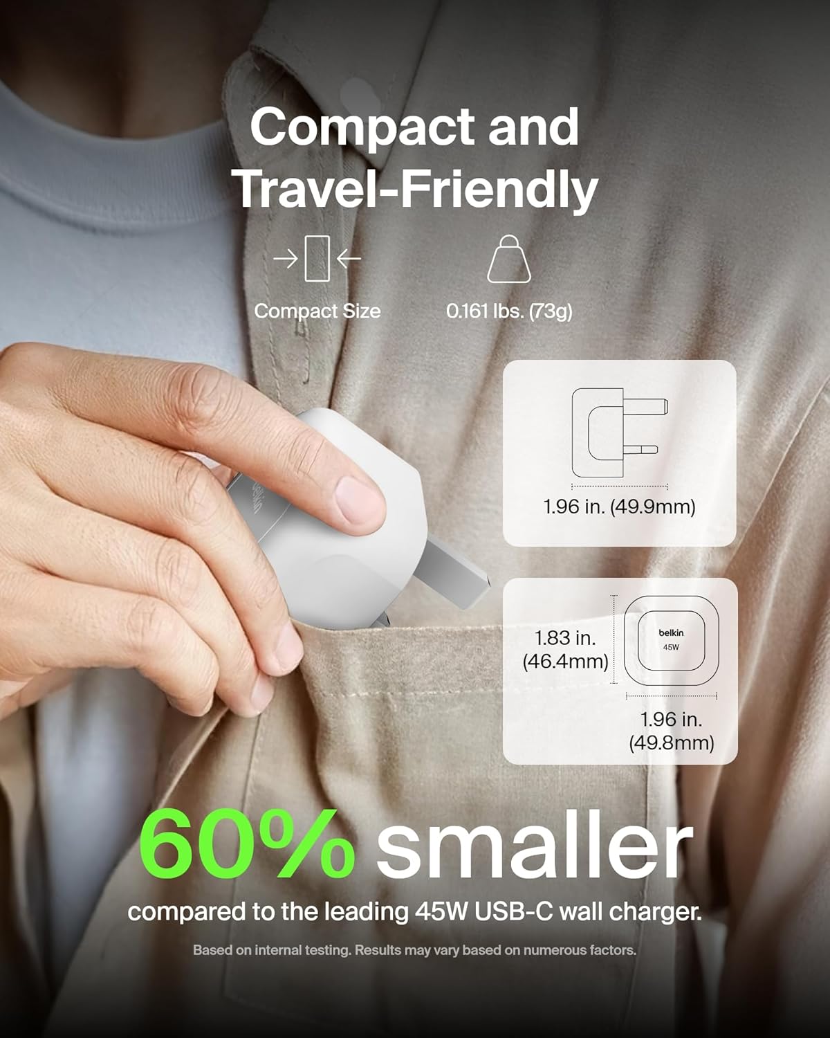 Belkin Compact Wall Charger 45W + USB-C to USB-C Cable, Fast Charging