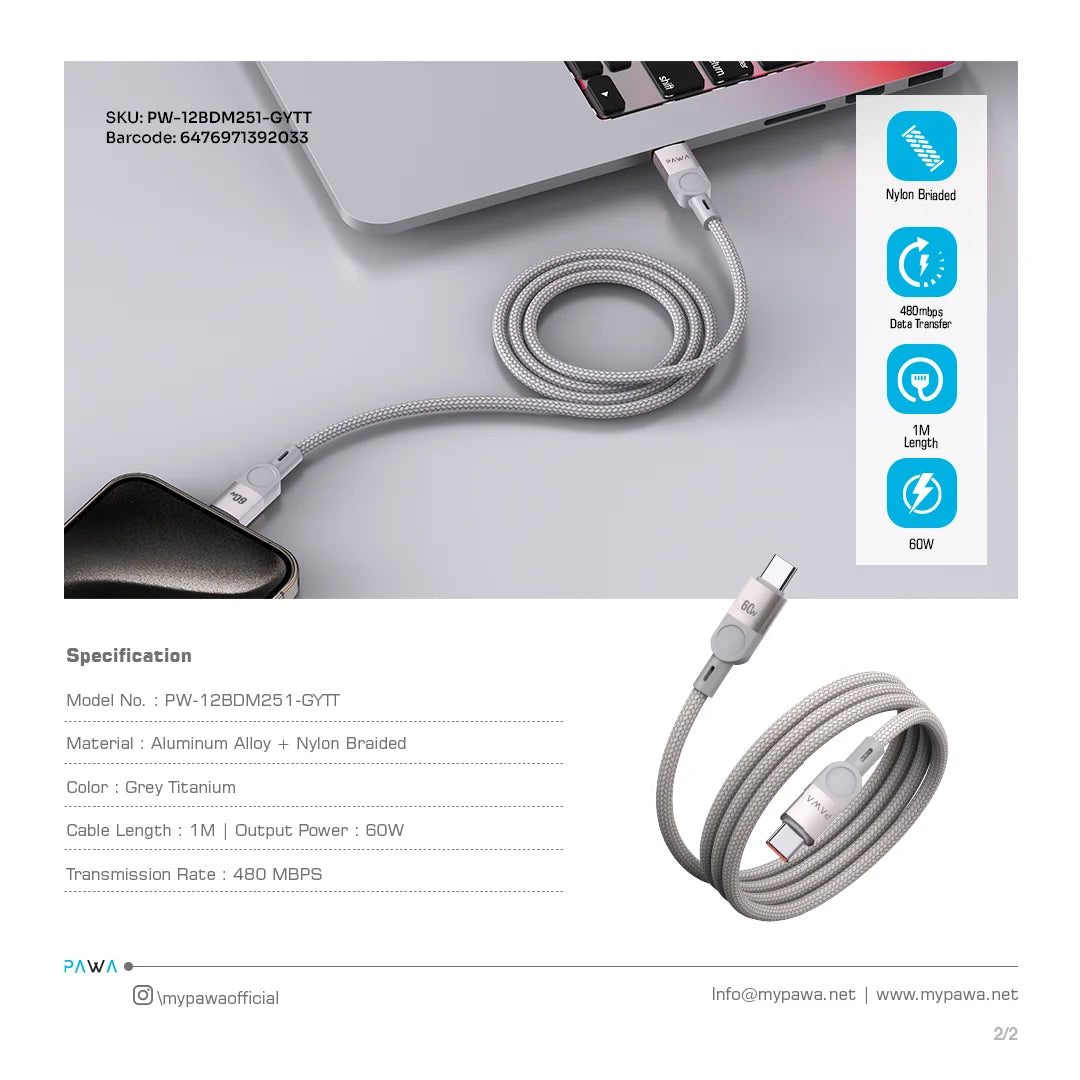 Pawa Levin Magnetic Braided USB-C to USB-C 60W